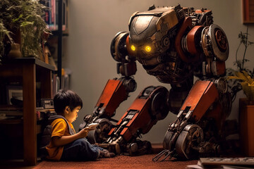 Cute little boy playing with toy robot at home. Technology concept.