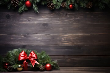 Decorating a Festive Wooden Table and wall with red Christmas Ornaments and a wreath with a big red bow. Christmas background with copy space