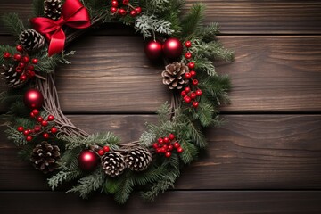 Fototapeta na wymiar Photo of festive holiday wreath hanging on rustic wooden surface