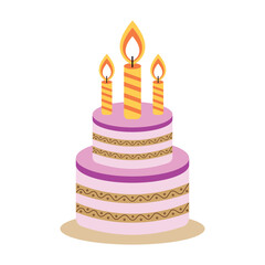 Pink birthday cake with candles on white background