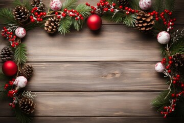 Fototapeta na wymiar A Festive Holiday Wreath Against a Rustic Wood Backdrop - Christmas background with copy space