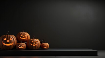 Product podium in black color for product presentation. Halloween pumpkins are around. Mockup for branding and packaging