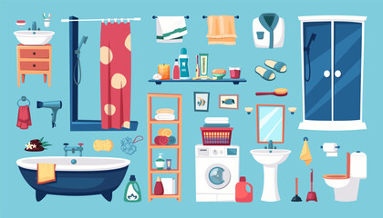bathroom items set. toothbrush, sink, bath accessories and furniture set, mirror shelf bath shampoo persil towels shower. vector cartoon items set of isolated objects.