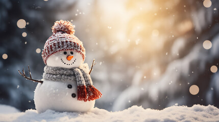 Cute snowman in a cap and scarf in winter snow scene background, celebration concept