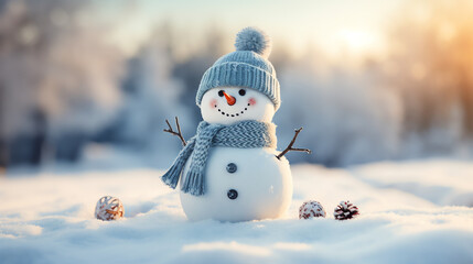 Cute snowman in a cap and scarf in winter snow scene background, celebration concept - obrazy, fototapety, plakaty