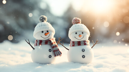 Two cute snowmen in a cap and scarf in winter snow scene background, celebration concept