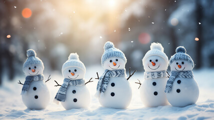Group of cute snowmen in a cap and scarf in winter snow scene background, celebration concept