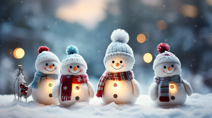 Group of cute snowmen in a cap and scarf in winter snow scene background, celebration concept - obrazy, fototapety, plakaty