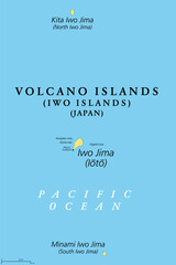 Volcano Islands, or Iwo Islands, three volcanic islands of Japan, political map. Kazan Retto with Iwo Jima, and with Kita and Minami Iwo Jima, located in the Pacific Ocean, and part of Nanpo Islands.