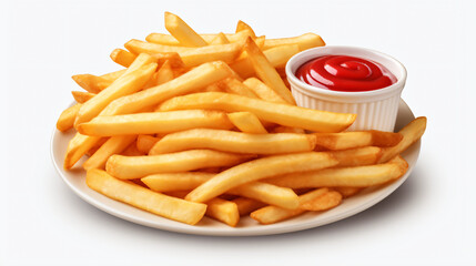 Delicious Plate of French fries and Ketchup Isolated on white background - obrazy, fototapety, plakaty