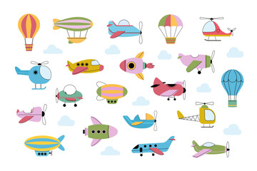 childish flying transport. kids adventure travel, minimalistic flat doodle airplanes airships. vector cartoon set.