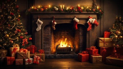A beautifully decorated Christmas tree with lots of presents under and around it a fireplace decorated with Christmas stockings and candles. Festive Background