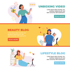 video blogger. media women person filming mobile content online, digital web blogging. vector horizontal banners.