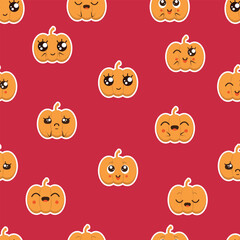Seamless pattern of stickers with cartoon pumpkins in kawaii style for Halloween