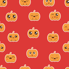 
Seamless pattern with cartoon pumpkins in kawaii style for Halloween