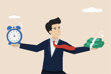 Time is money, precious time or not wasting precious seconds, work discipline concept, smart businessman holding money and balanced clock.