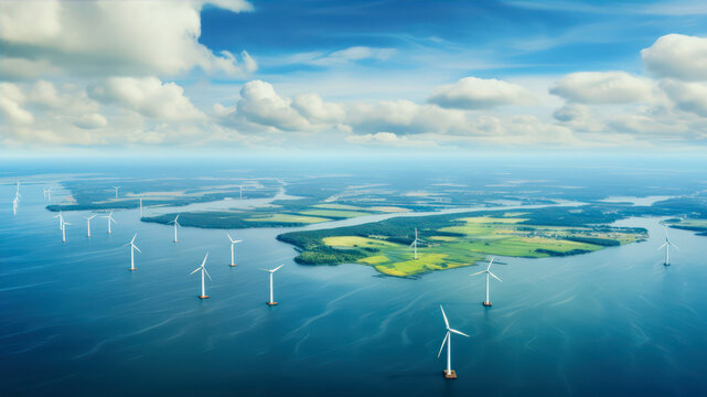 Aerial view of wind turbines in the sea. Concept of renewable energy.