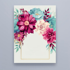 Greeting card template with flowers and leaves. Vector illustration.