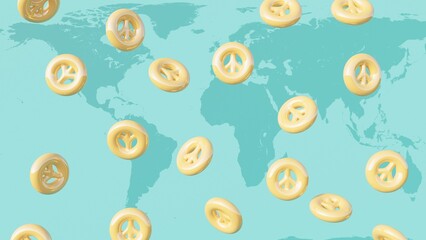 3d render, yellow pacific signs on a blue background with earth map on it,  international peace day