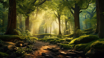 Beautiful green forest in the morning light. 