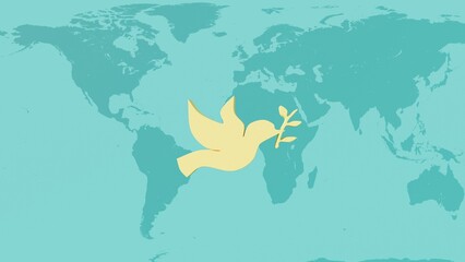 3d renderer, 3D, yellow dove of peace symbol signs on blue backgrund with earth map