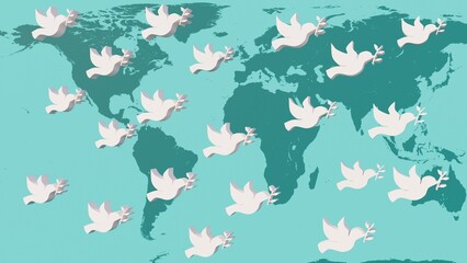Dove of peace symbols on blue backgrund with earth map, 3d renderer, 3D