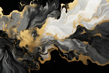 3d wallpaper for wall frames fractal flowers golden and black liquid marble background. Resin geode...