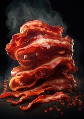 Crispy tasty slices of bacon on a dark background. Generative AI.