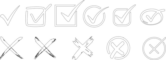 checkmark and cross icons, Hand drawn, vector illustration. Perfect for feedback, evaluation, and decision-making. High-quality, isolated on a white background