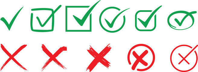 checkmark and cross icons vector illustration. features green checkmarks and red crosses, perfect for user feedback, surveys, and decision interfaces, hand drawn style icons