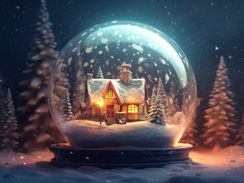A snow globe with a cosy little house inside, surrounded by snow and a snowy forest with Christmas magic. generative Ai