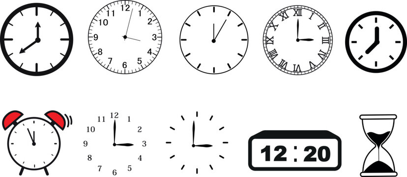 Diverse collection of clocks vector, Time Management, alarm, digital, hourglass. Perfect for productivity, schedule, deadline themes. Punctuality symbolized by ticking countdown timer. 