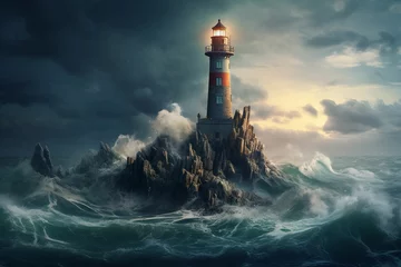 Wandcirkels aluminium A lighthouse on a rock in the middle of the ocean © Rehman