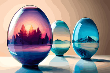 Illustration of two glass easter eggs with reflection in the water and mountains landscape, vector background, generative ai