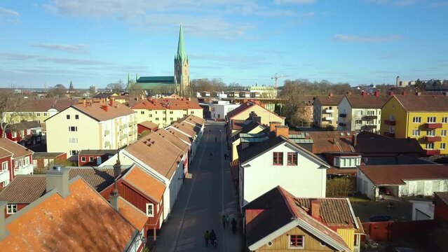 Aerial view of old historical Linkoping city in Sweden. European architecture in Scandinavian town