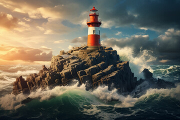 A lighthouse on a rock in the middle of the ocean - obrazy, fototapety, plakaty