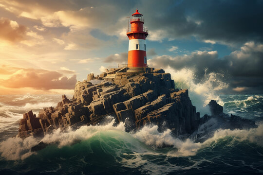 A lighthouse on a rock in the middle of the ocean