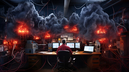 a man on a computer fire around him, a room full of smoke, many computers, a fire in the room, work in difficult conditions