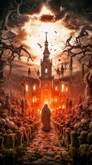 a man in a cloak standing in front of a castle with many skull. All Saints Day poster