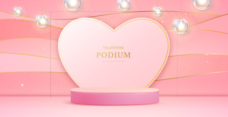 Happy Valentine`s day showcase background with 3d podium, love heart shape and electric lamps. Vector illustration