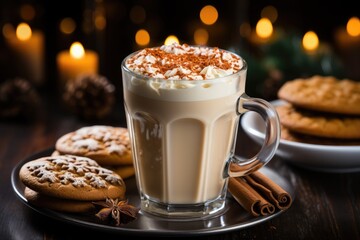 Cup of coffee with whipped cream and cookies on dark wooden background. Created with Generative AI tools