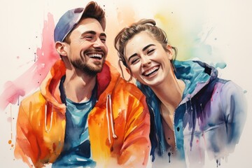 Portrait of a happy couple in colorful raincoats on a white background. Created with Generative AI tools