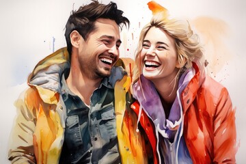 A portrait of a happy young couple in love. Multicolored paints. Created with Generative AI tools