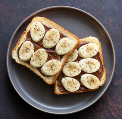 Sandwich with chocolate paste, banana and chia seeds. Breakfast. Vegetarian food.