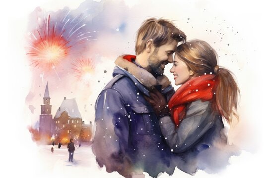 Watercolor painting of a young couple in love on the background of the old town. Created with Generative AI tools