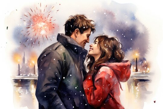 Watercolor illustration of a couple in love on a winter evening. Created with Generative AI tools