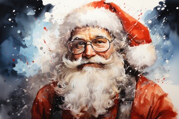 Digital painting of Santa Claus portrait with red hat and eyeglasses. Created with Generative AI tools