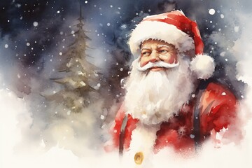 Digital painting of Santa Claus in the snowy forest. Christmas card. Created with Generative AI tools