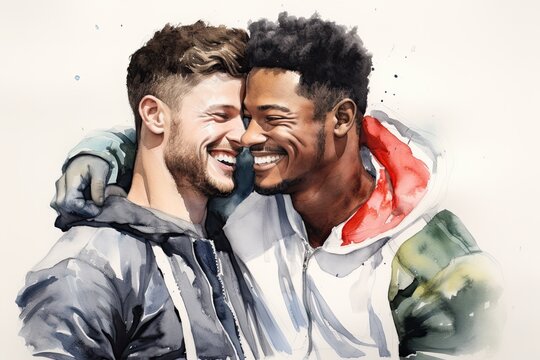 Portrait of a young gay couple embracing each other against white background. Created with Generative AI tools