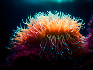 Underwater Sea Anemone with Bright Fully Expanded Tentacles, AI Generated Image